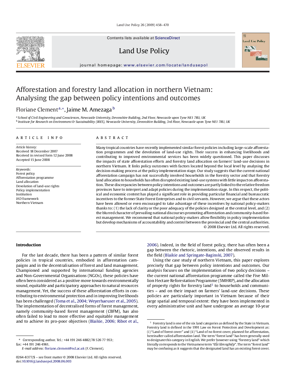 Afforestation and forestry land allocation in northern Vietnam: Analysing the gap between policy intentions and outcomes