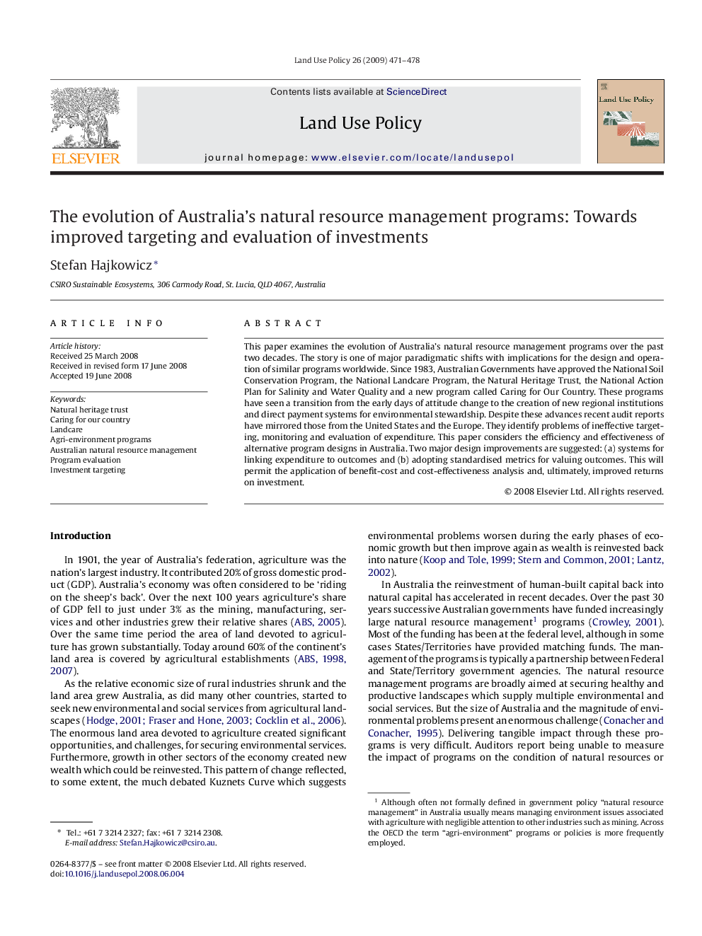 The evolution of Australia's natural resource management programs: Towards improved targeting and evaluation of investments