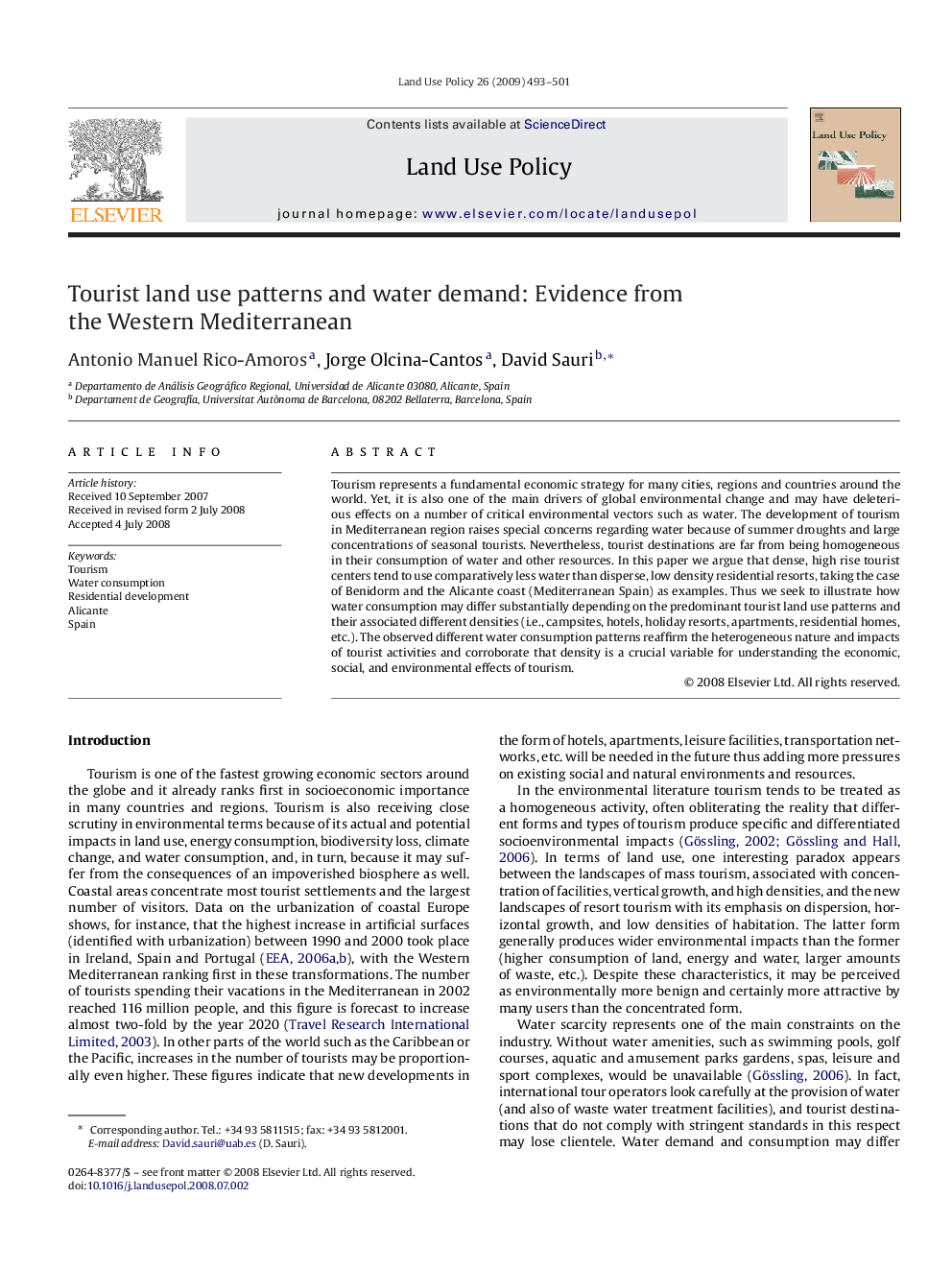 Tourist land use patterns and water demand: Evidence from the Western Mediterranean