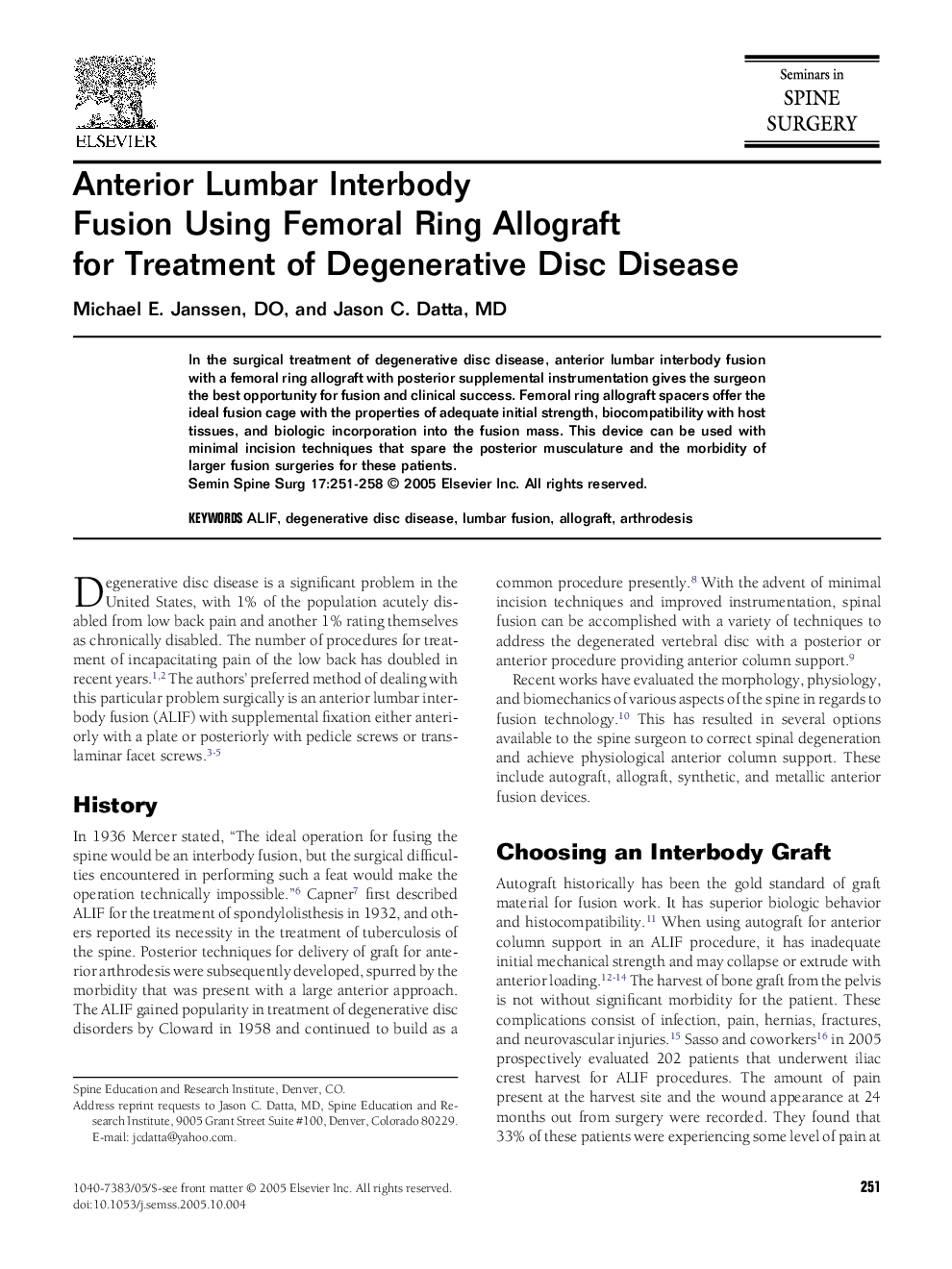 Anterior Lumbar Interbody Fusion Using Femoral Ring Allograft for Treatment of Degenerative Disc Disease