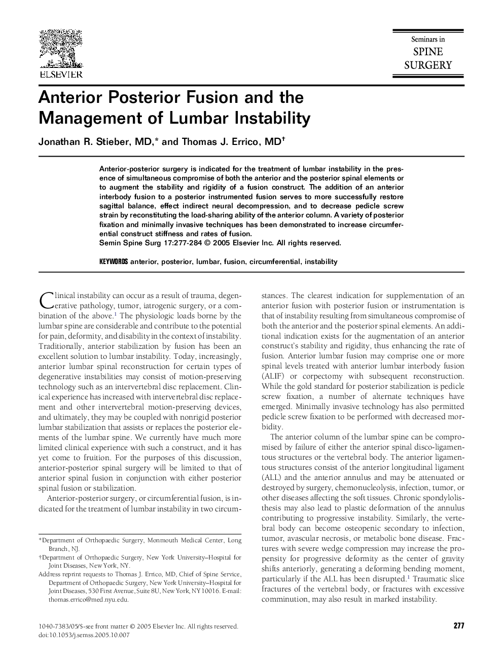 Anterior Posterior Fusion and the Management of Lumbar Instability