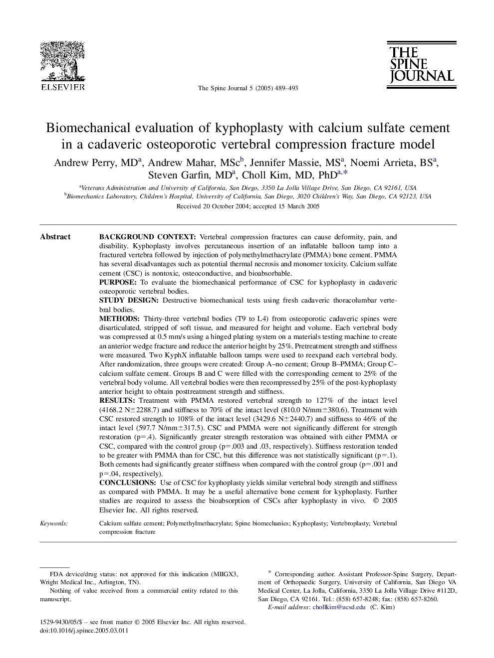 Biomechanical evaluation of kyphoplasty with calcium sulfate cement in a cadaveric osteoporotic vertebral compression fracture model