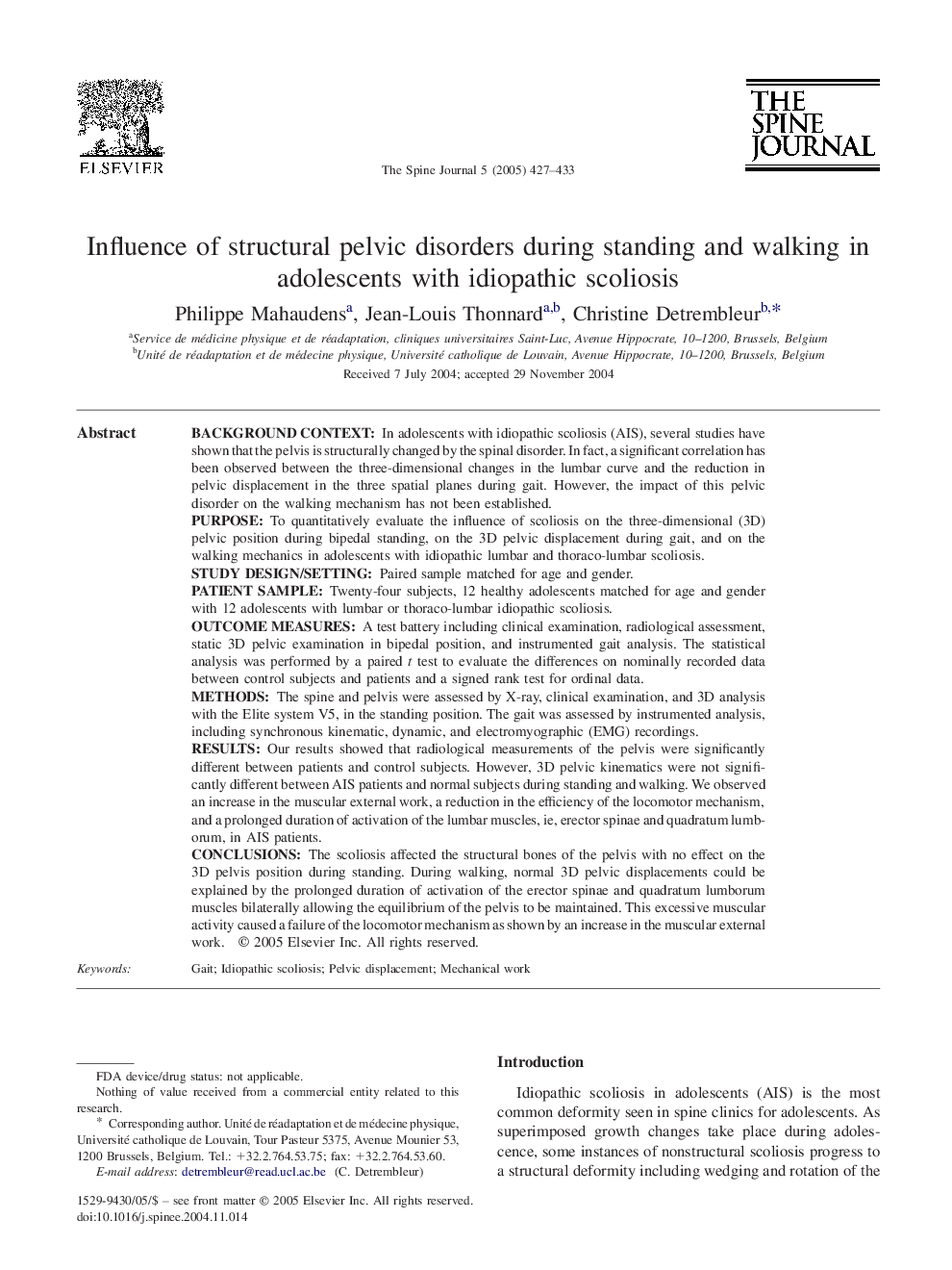 Influence of structural pelvic disorders during standing and walking in adolescents with idiopathic scoliosis