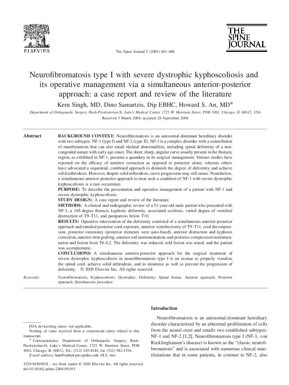 Neurofibromatosis type I with severe dystrophic kyphoscoliosis and its operative management via a simultaneous anterior-posterior approach: a case report and review of the literature