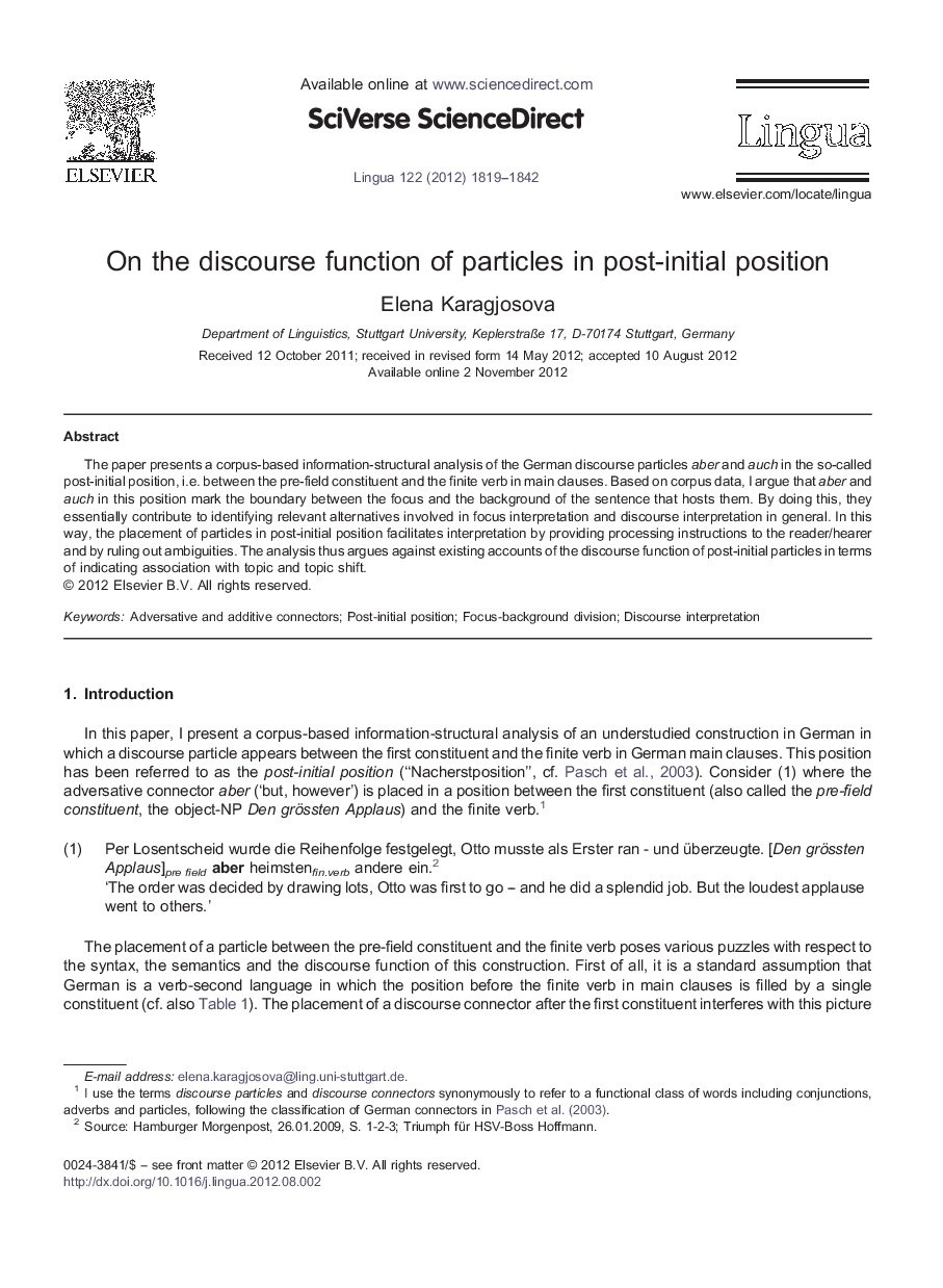 On the discourse function of particles in post-initial position