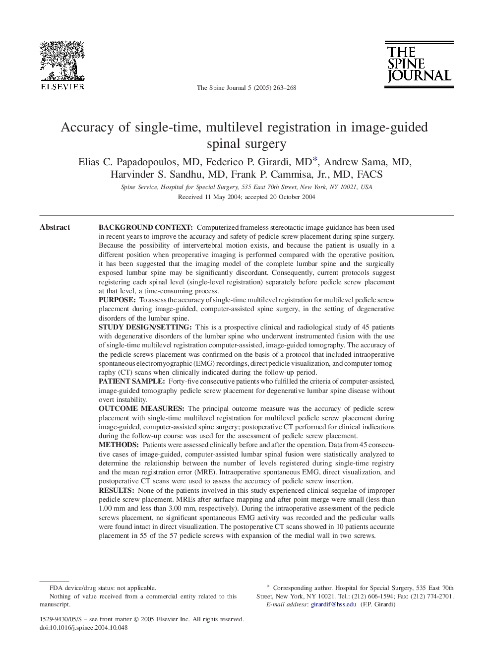 Accuracy of single-time, multilevel registration in image-guided spinal surgery