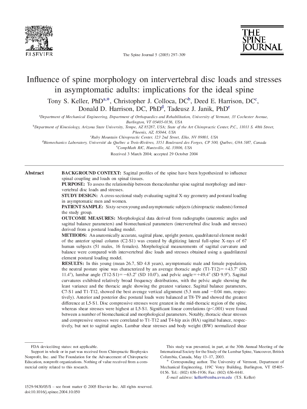 Influence of spine morphology on intervertebral disc loads and stresses in asymptomatic adults: implications for the ideal spine