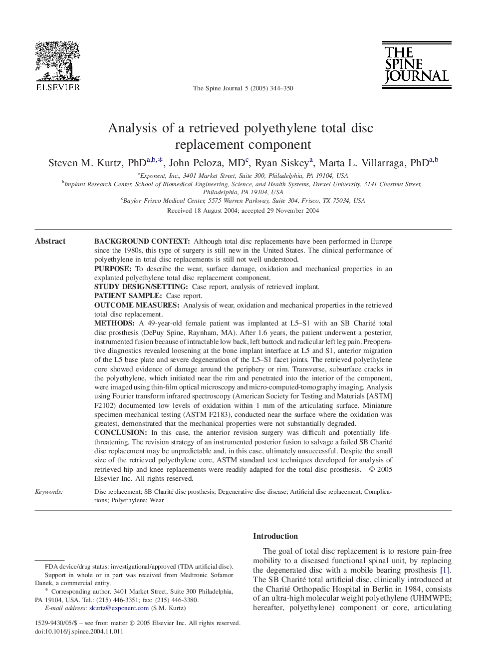 Analysis of a retrieved polyethylene total disc replacement component