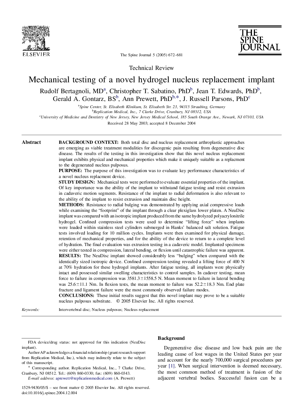 Mechanical testing of a novel hydrogel nucleus replacement implant