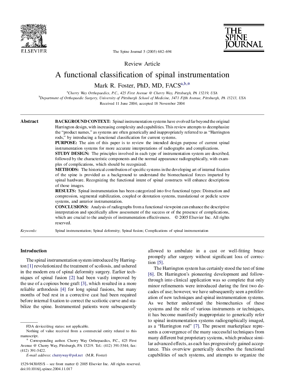 A functional classification of spinal instrumentation