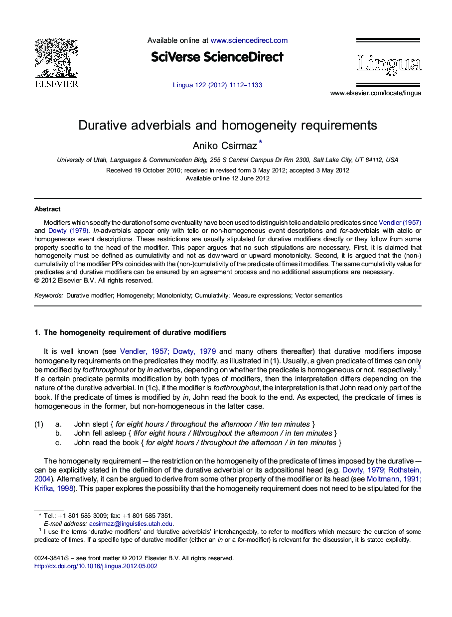 Durative adverbials and homogeneity requirements