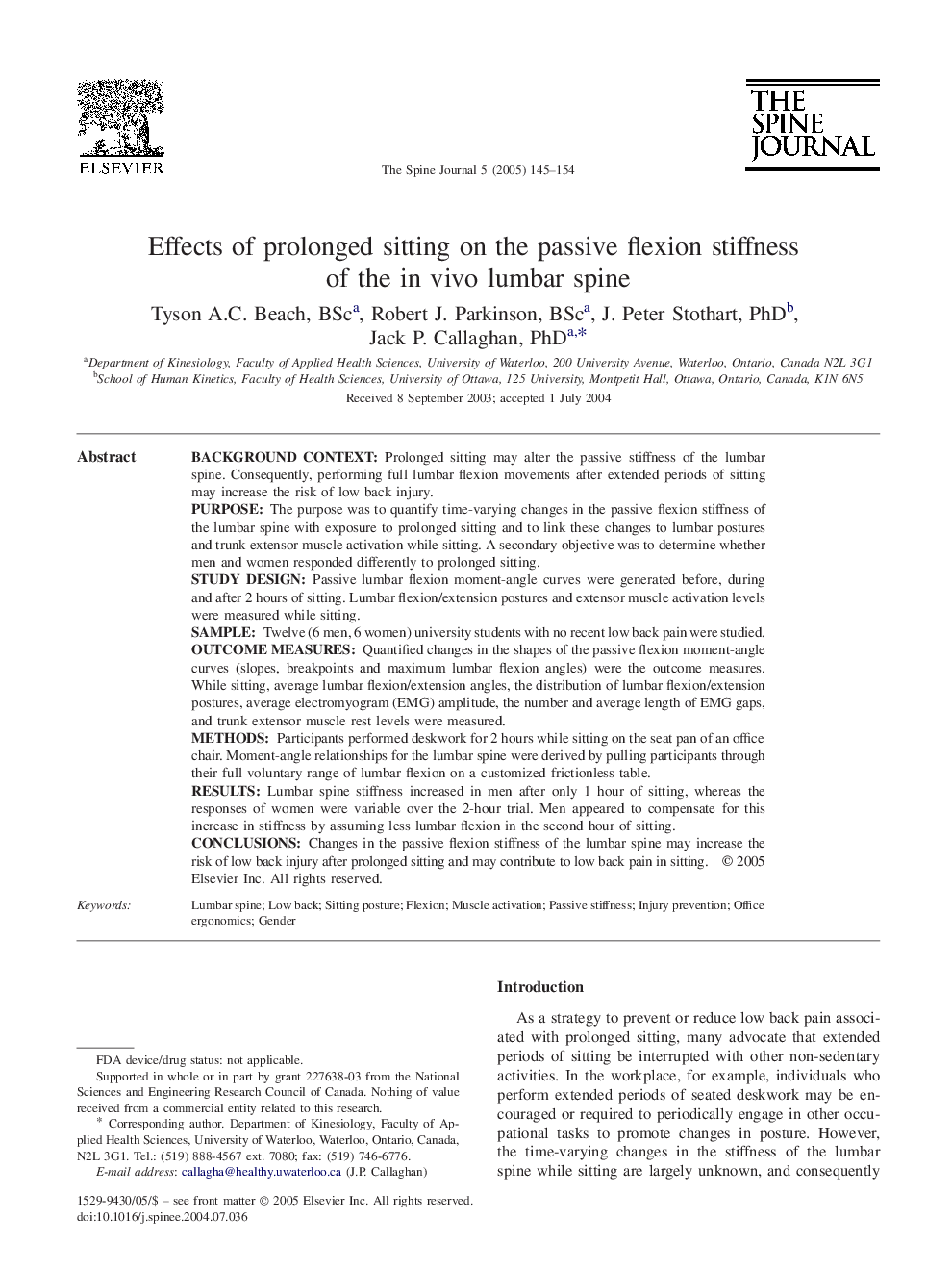 Effects of prolonged sitting on the passive flexion stiffness of the in vivo lumbar spine