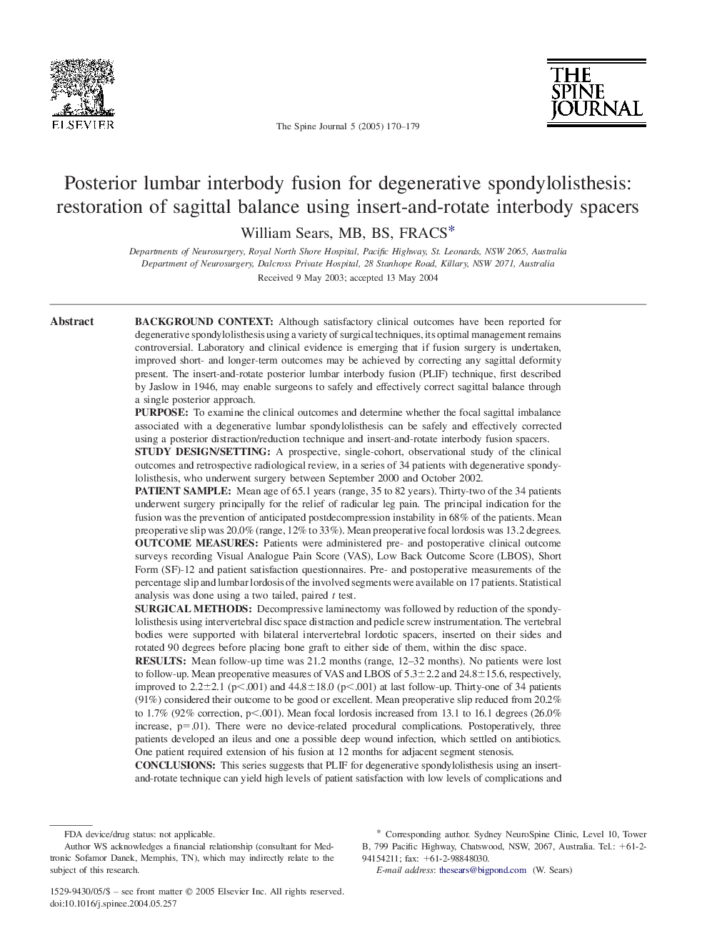 Posterior lumbar interbody fusion for degenerative spondylolisthesis: restoration of sagittal balance using insert-and-rotate interbody spacers