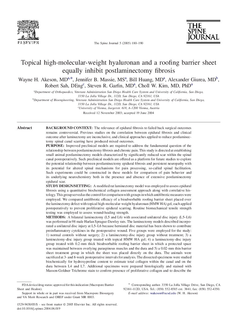 Topical high-molecular-weight hyaluronan and a roofing barrier sheet equally inhibit postlaminectomy fibrosis