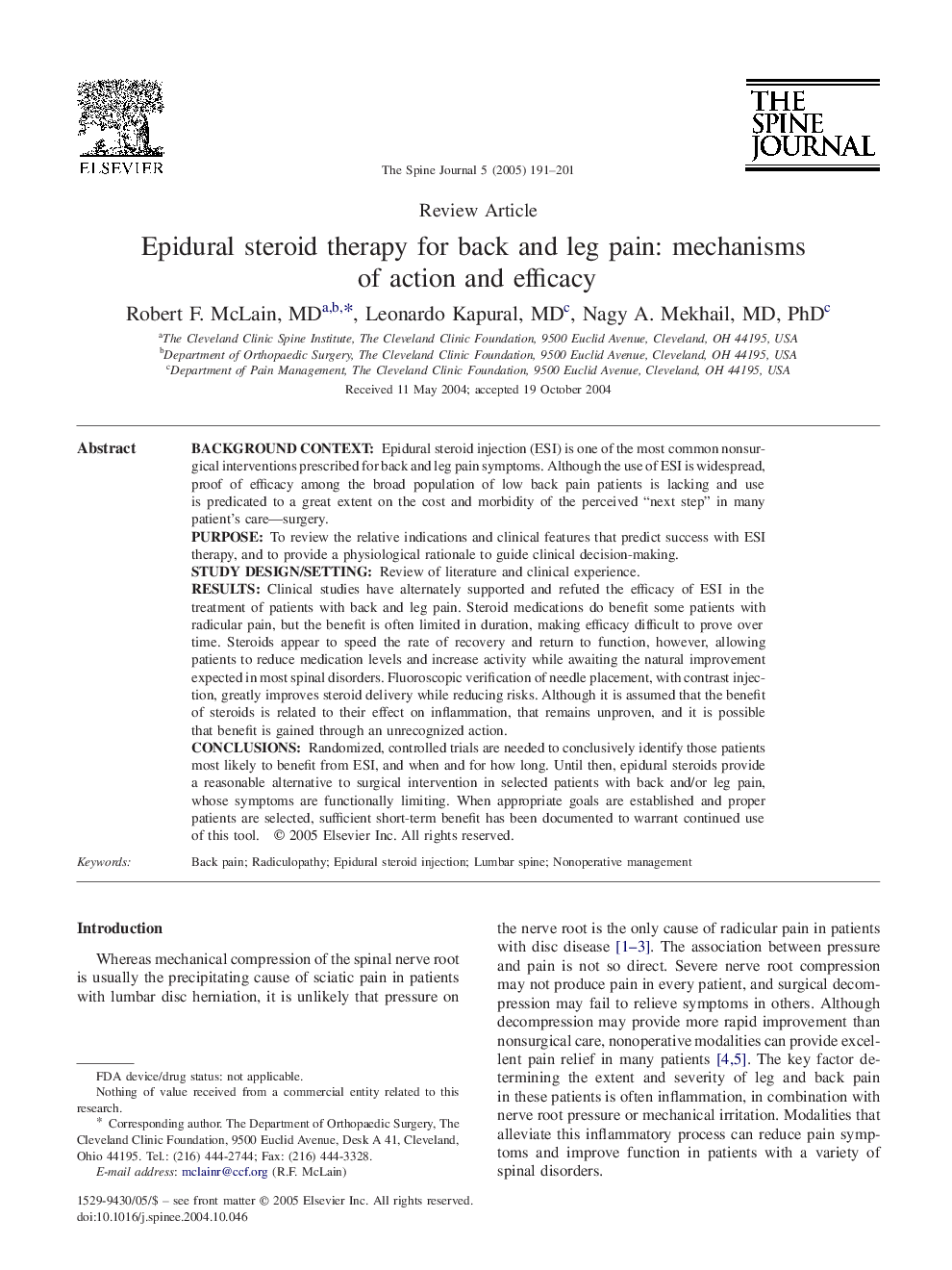 Epidural steroid therapy for back and leg pain: mechanisms of action and efficacy