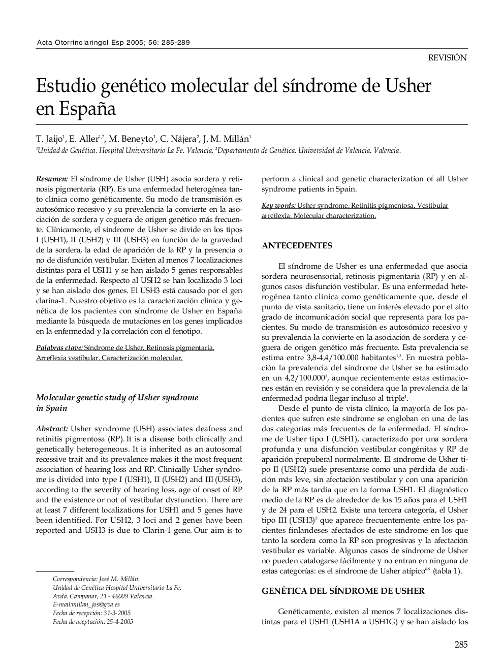 Estudio genético molecular del sÃ­ndrome de Usher en España