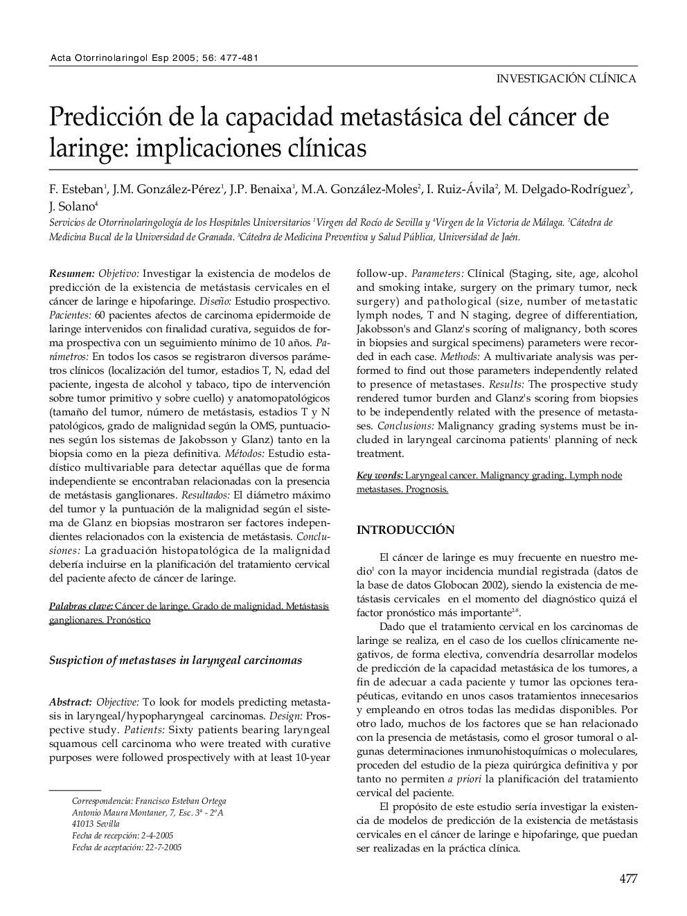 Predicción de la capacidad metastásica del cáncer de laringe: implicaciones clÃ­nicas