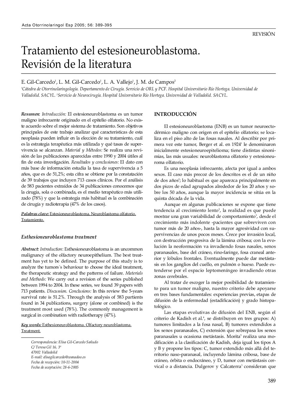 Tratamiento del estesioneuroblastoma. Revisión de la literatura