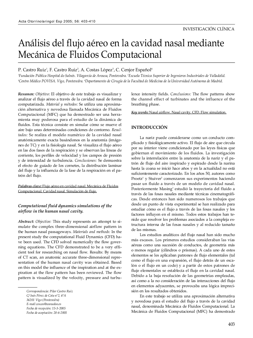 Análisis del flujo aéreo en la cavidad nasal mediante Mecánica de Fluidos Computacional