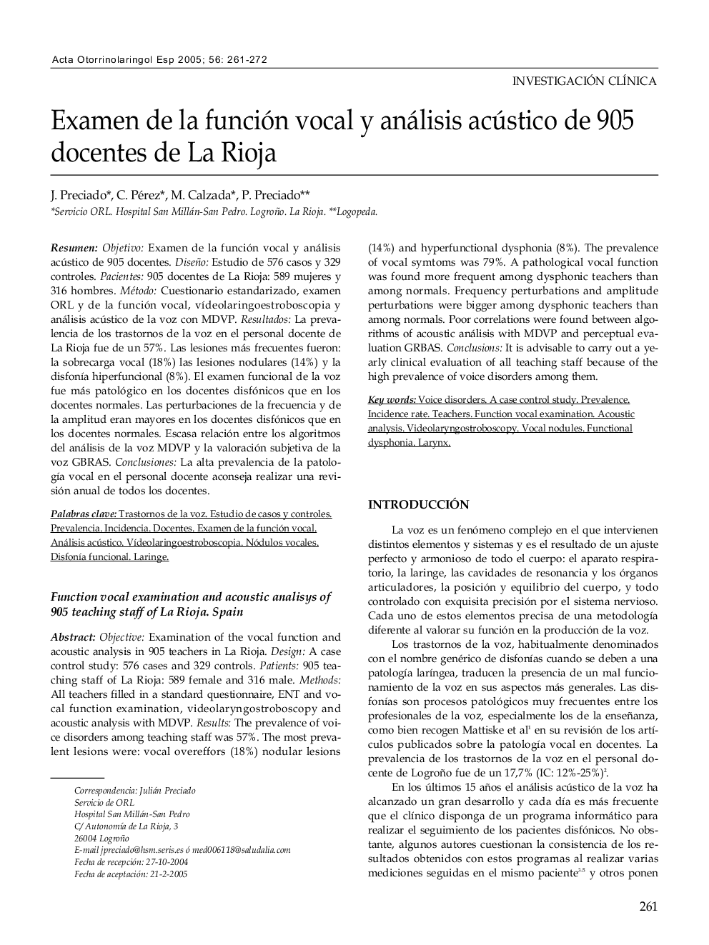 Examen de la función vocal y análisis acústico de 905 docentes de La Rioja