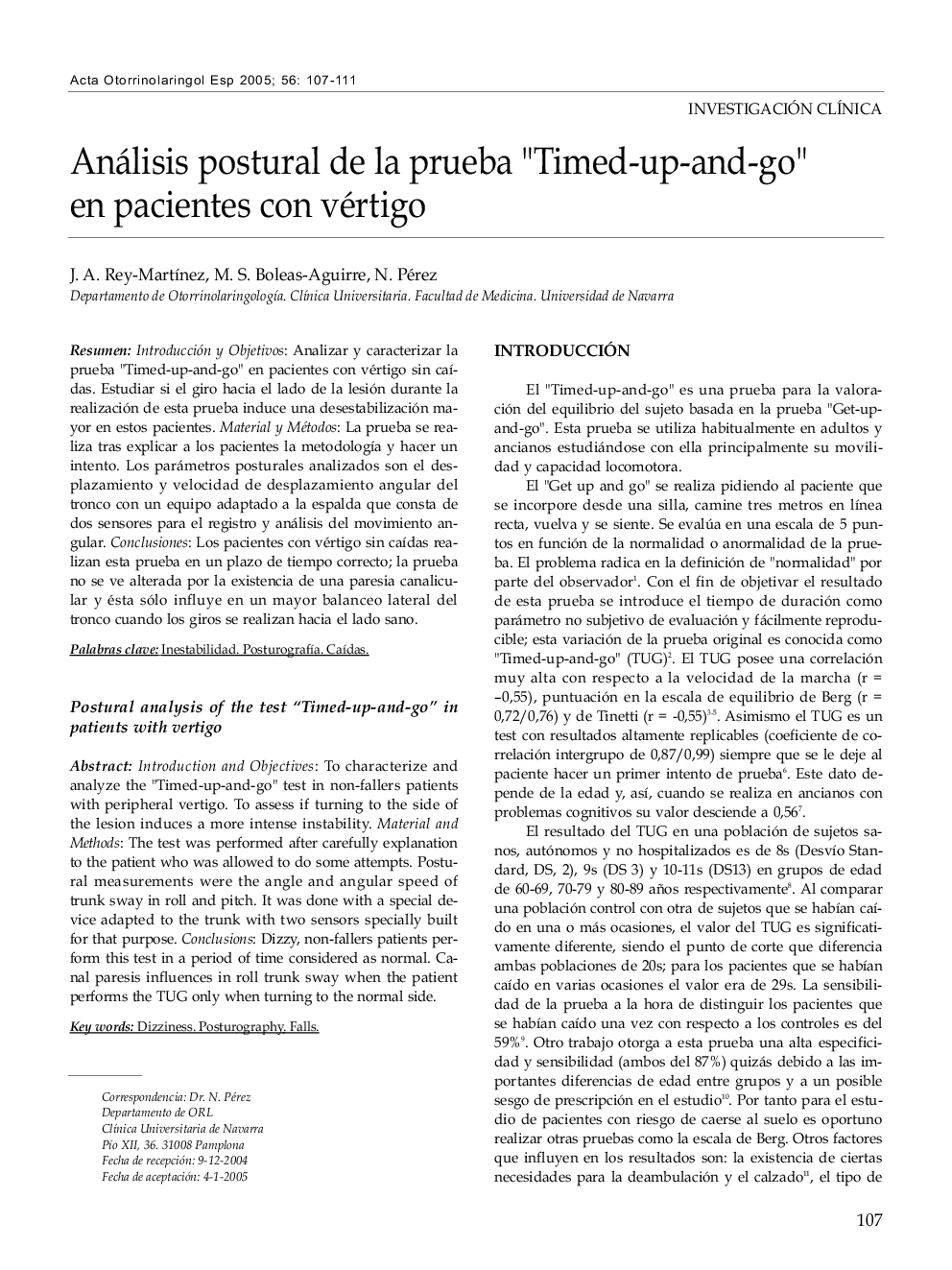 Análisis postural de la prueba "Timed-up-and-go" en pacientes con vértigo