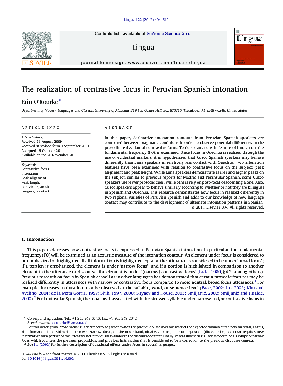 The realization of contrastive focus in Peruvian Spanish intonation