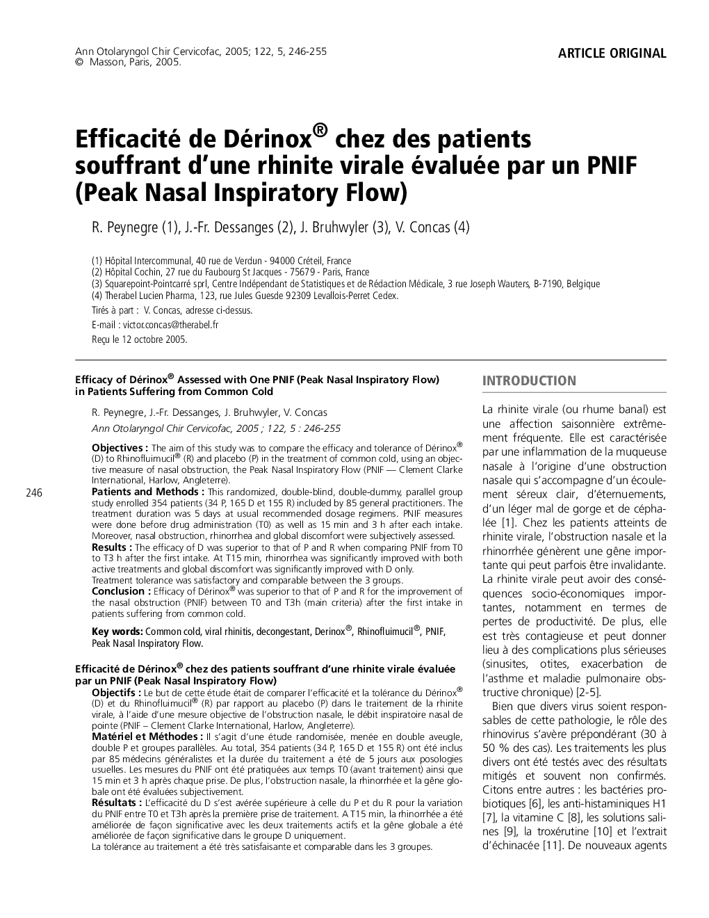 Efficacité de Dérinox® chez des patients souffrant d'une rhinite virale évaluée par un PNIF (Peak Nasal Inspiratory Flow)