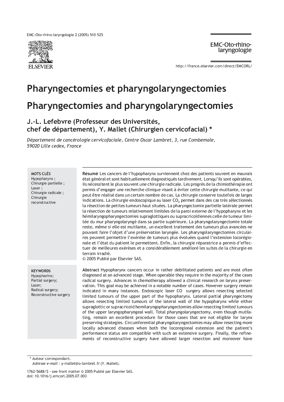 Pharyngectomies et pharyngolaryngectomies