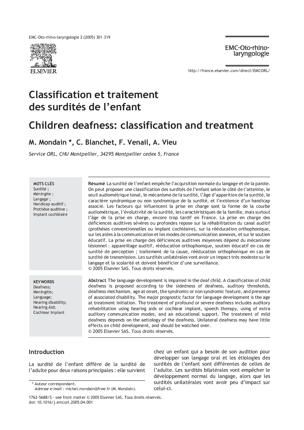 Classification et traitement des surdités de l'enfant