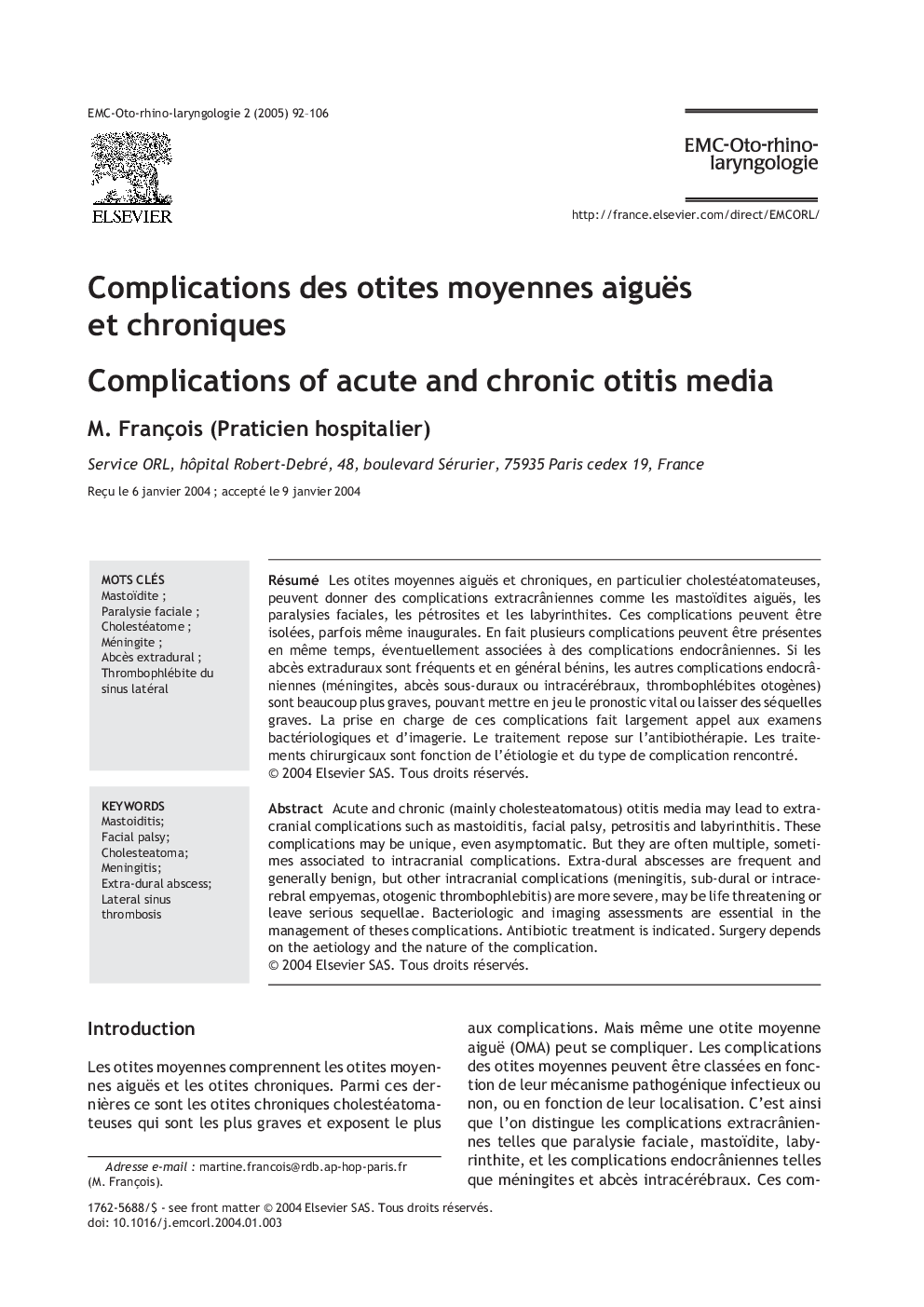 Complications des otites moyennes aiguës et chroniques