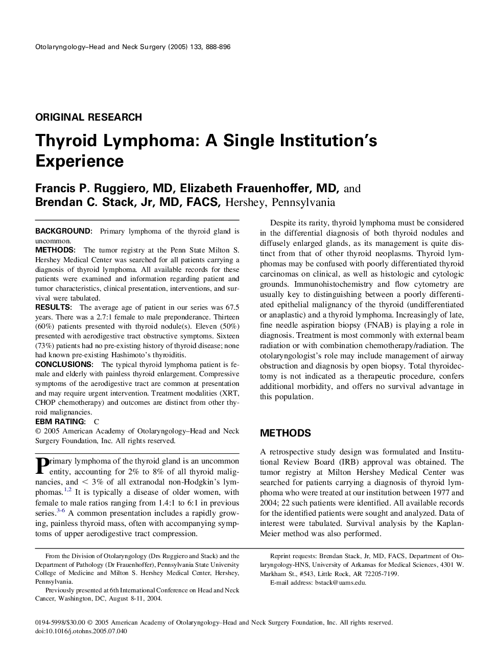 Thyroid Lymphoma: A Single Institution's Experience