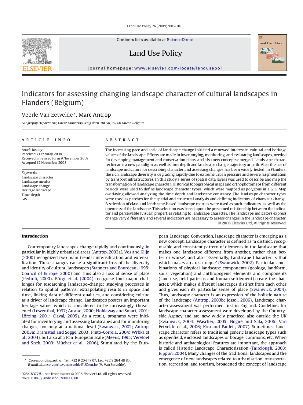 عکس صفحه اول مقاله: Indicators for assessing changing landscape character of cultural landscapes in Flanders (Belgium) Indicators for assessing changing landscape character of cultural landscapes in Flanders (Belgium)