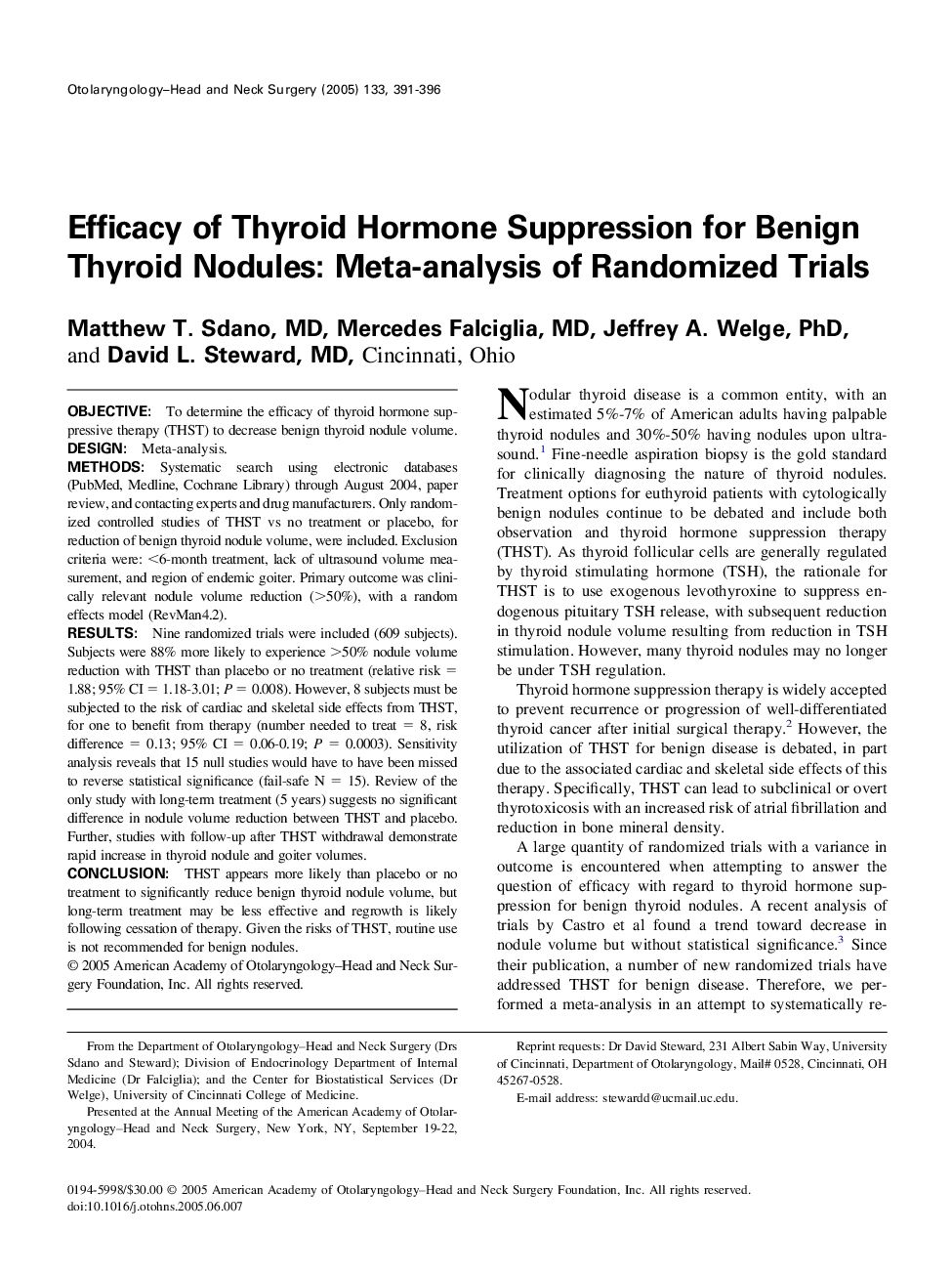 Efficacy of Thyroid Hormone Suppression for Benign Thyroid Nodules: Meta-analysis of Randomized Trials