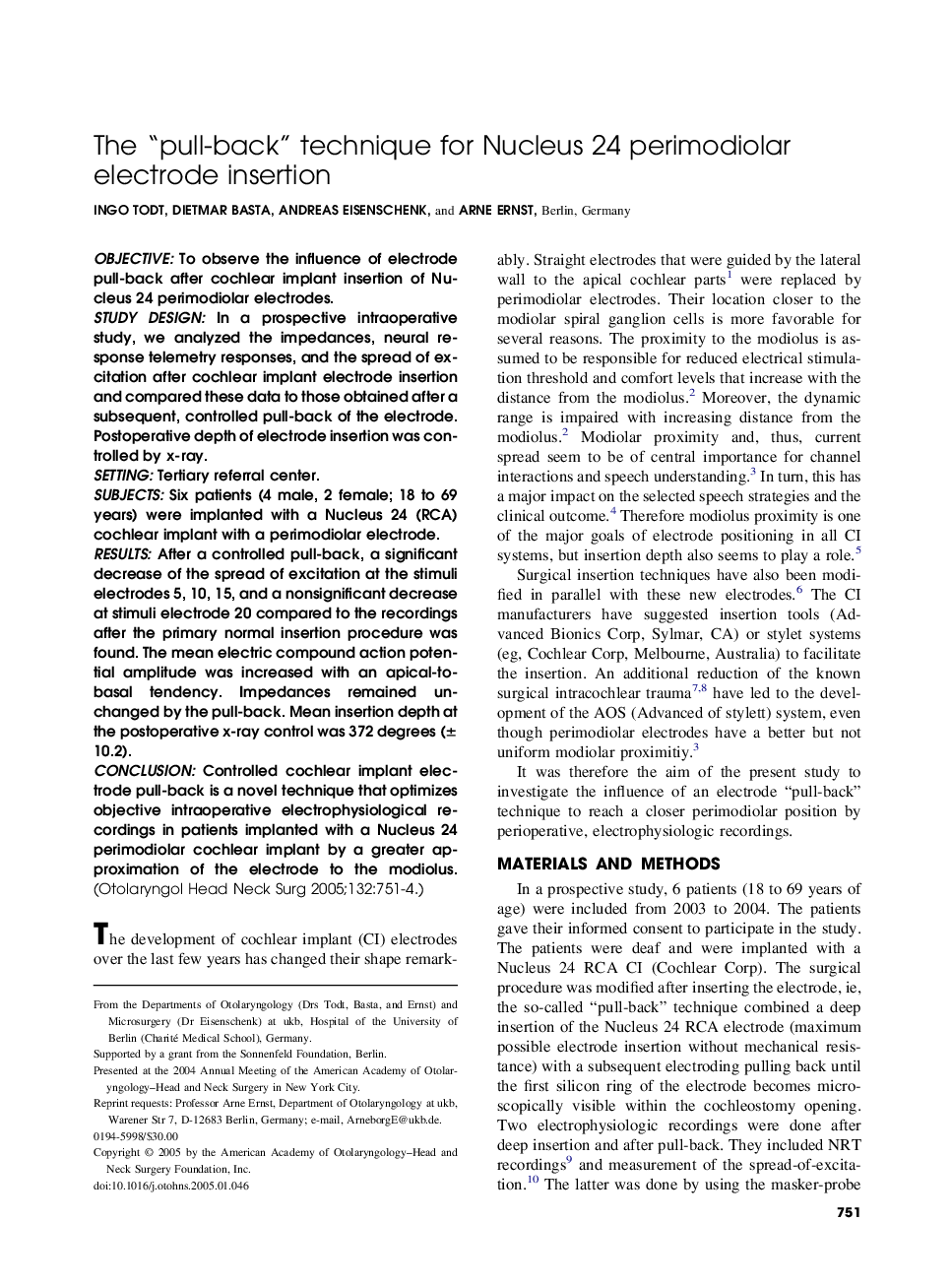 عکس صفحه اول مقاله: The “pull-back” technique for Nucleus 24 perimodiolar electrode insertion The “pull-back” technique for Nucleus 24 perimodiolar electrode insertion