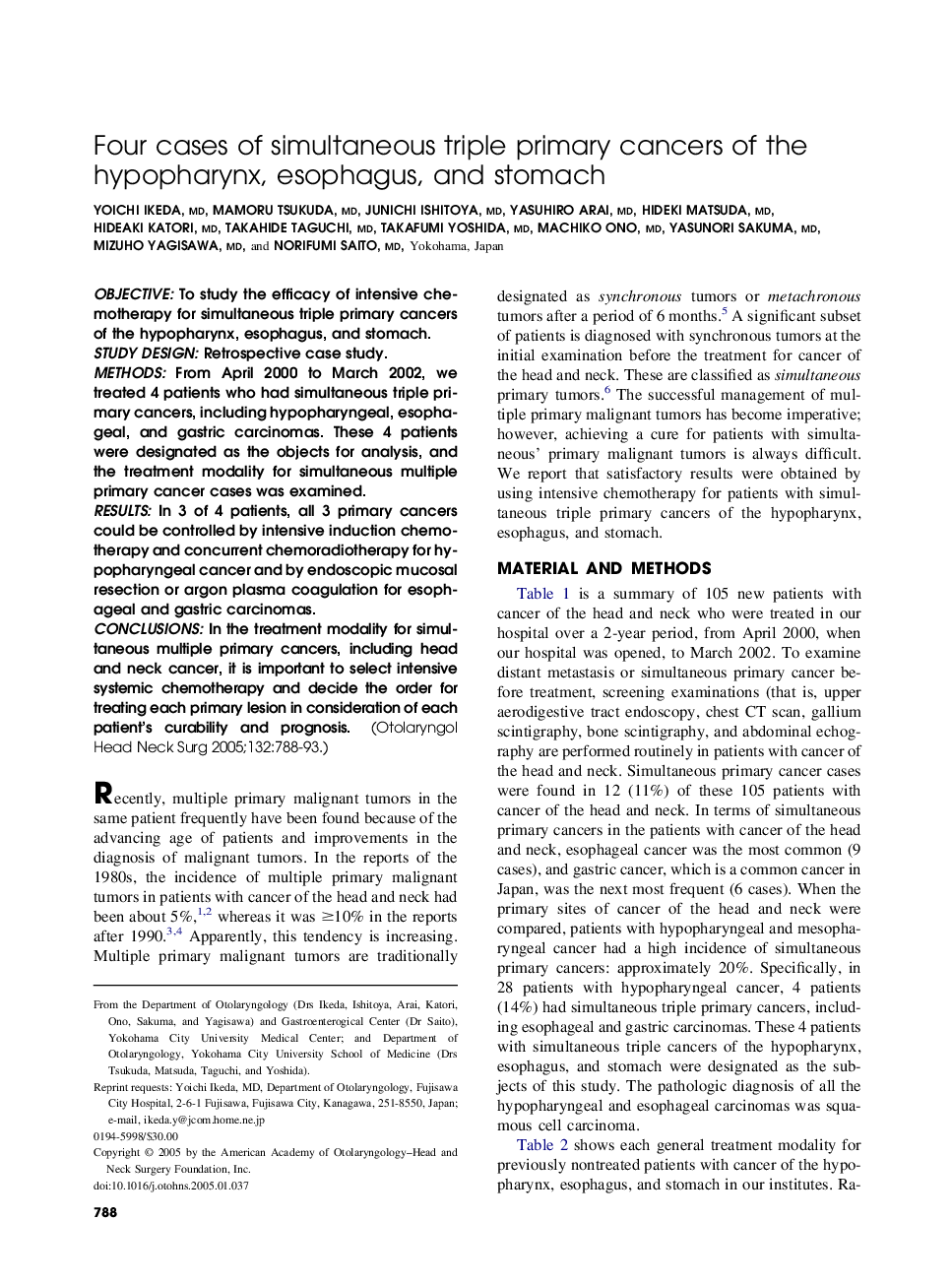 Four cases of simultaneous triple primary cancers of the hypopharynx, esophagus, and stomach