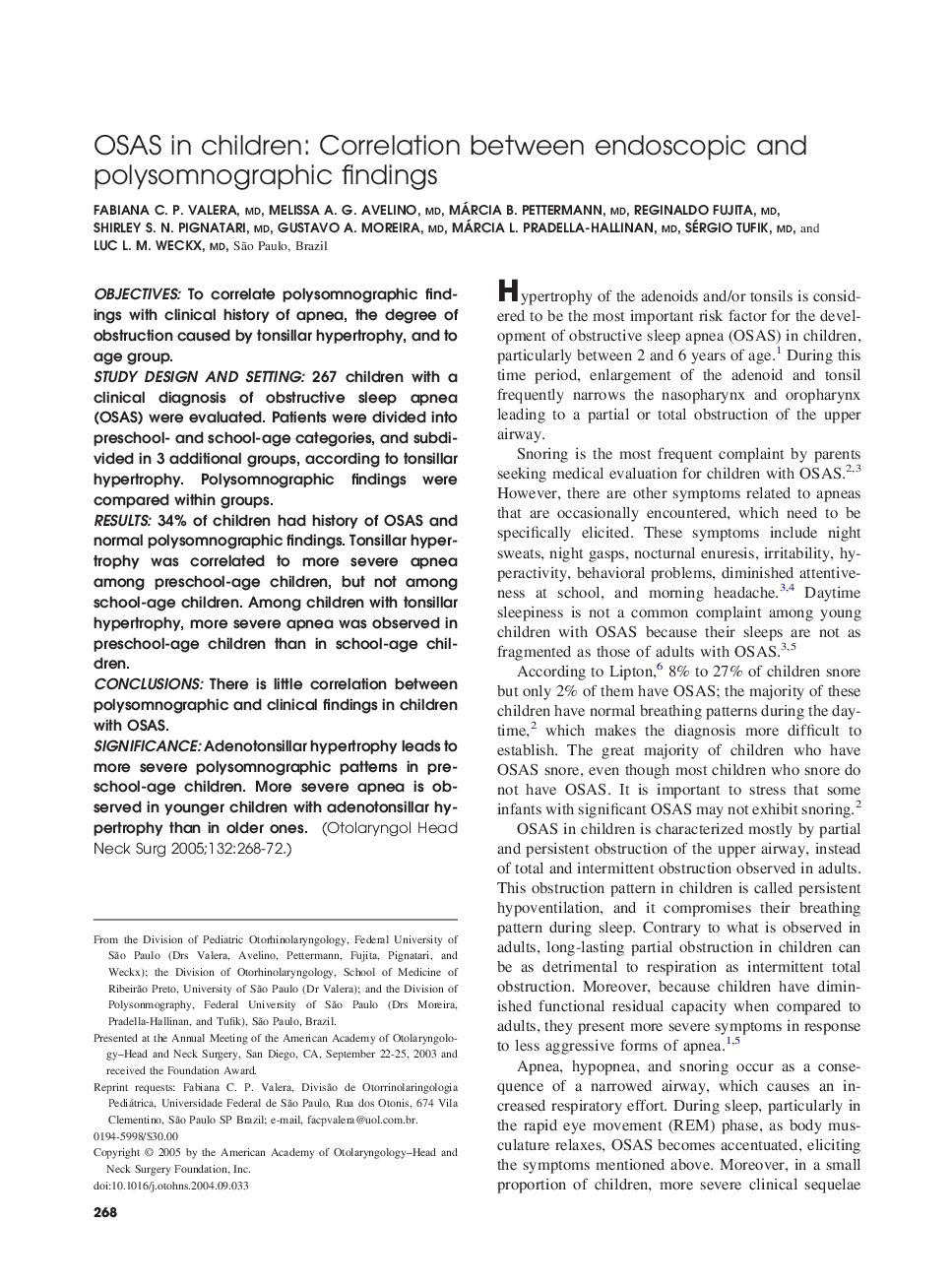 OSAS in children: Correlation between endoscopic and polysomnographic findings