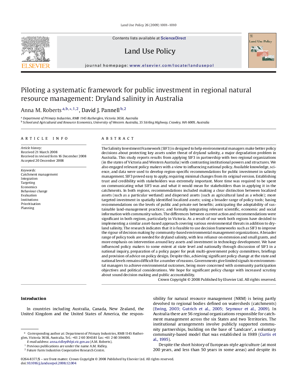 Piloting a systematic framework for public investment in regional natural resource management: Dryland salinity in Australia