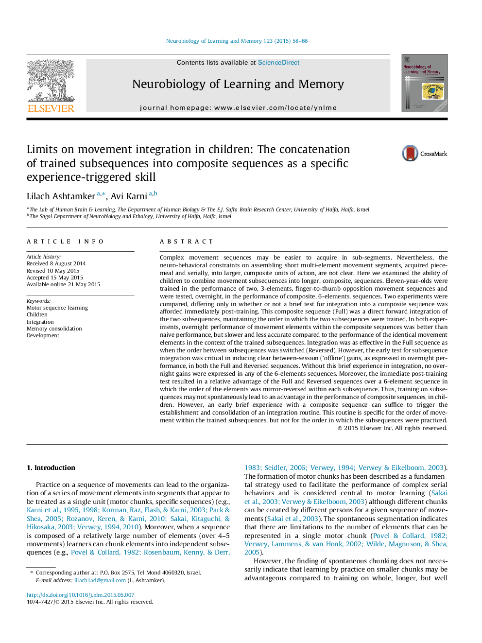 Limits on movement integration in children: The concatenation of trained subsequences into composite sequences as a specific experience-triggered skill