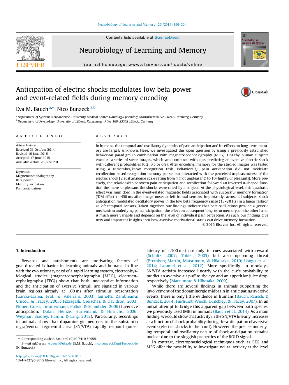 Anticipation of electric shocks modulates low beta power and event-related fields during memory encoding