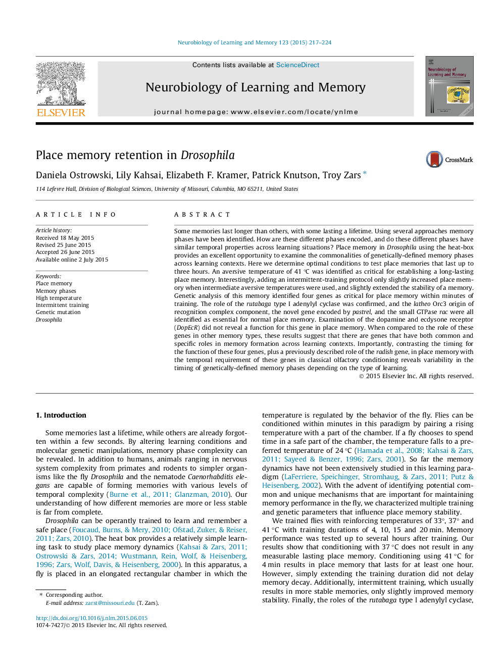 Place memory retention in Drosophila