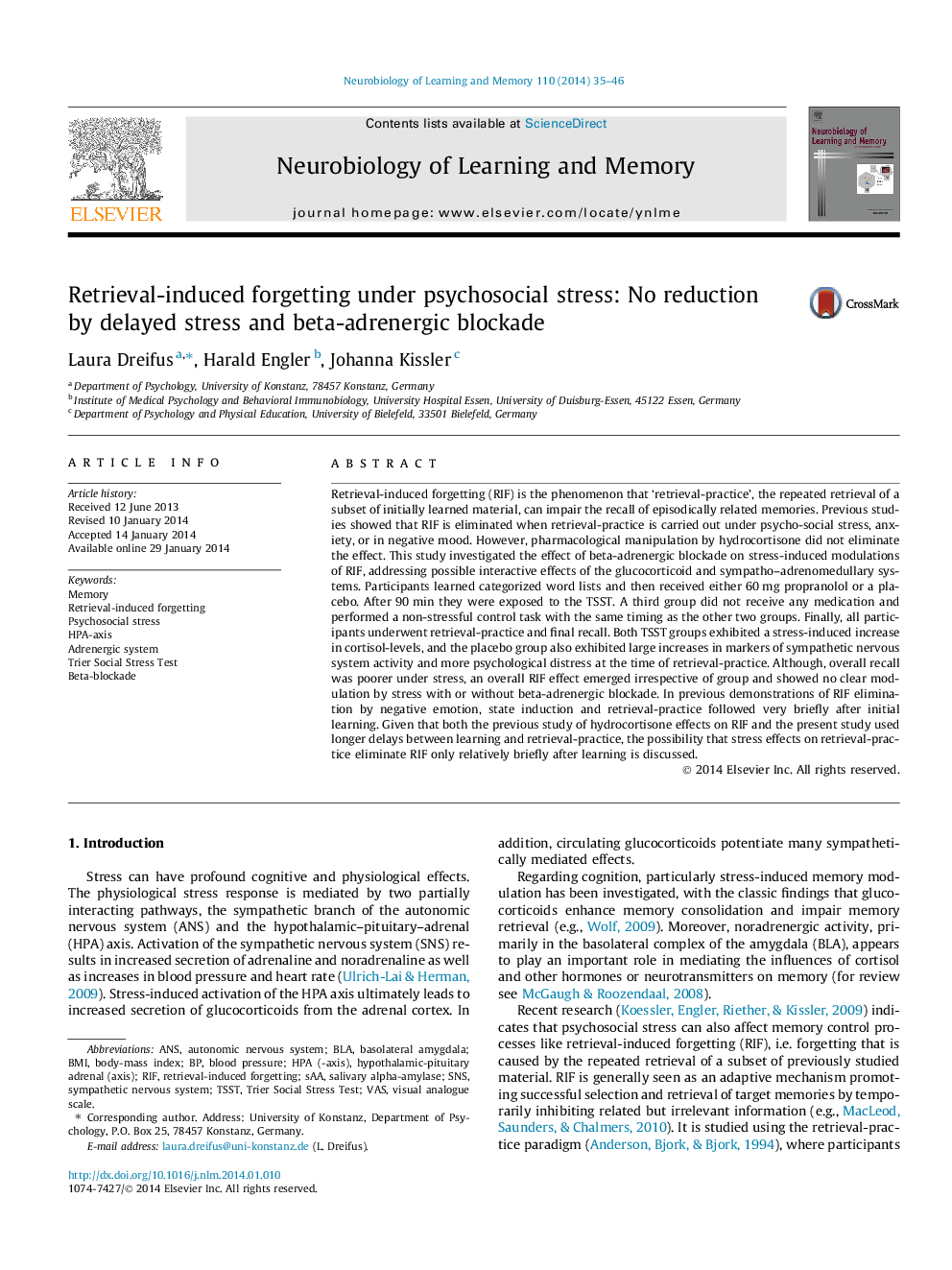 Retrieval-induced forgetting under psychosocial stress: No reduction by delayed stress and beta-adrenergic blockade