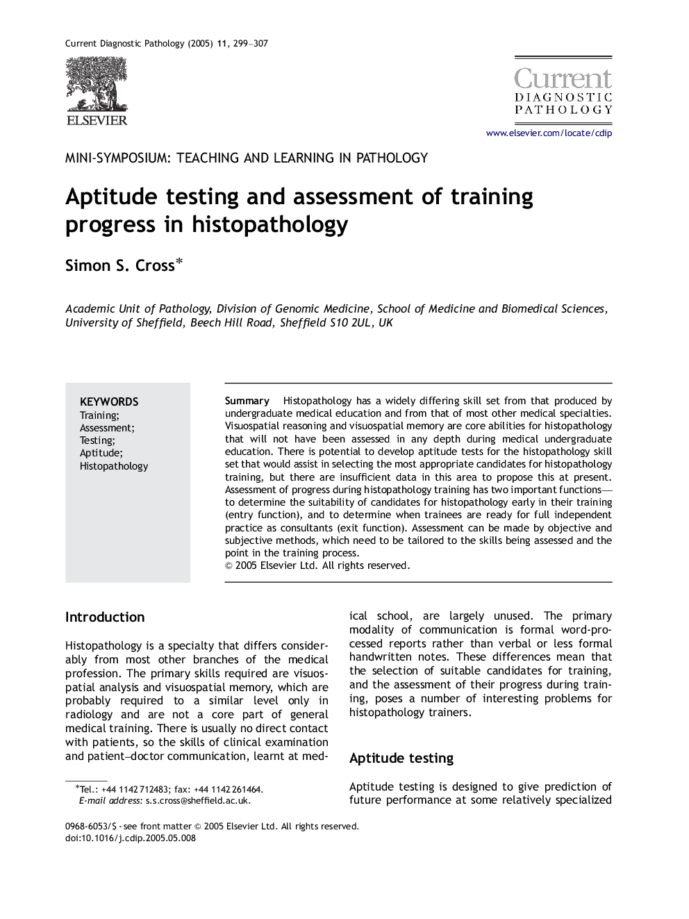 Aptitude testing and assessment of training progress in histopathology