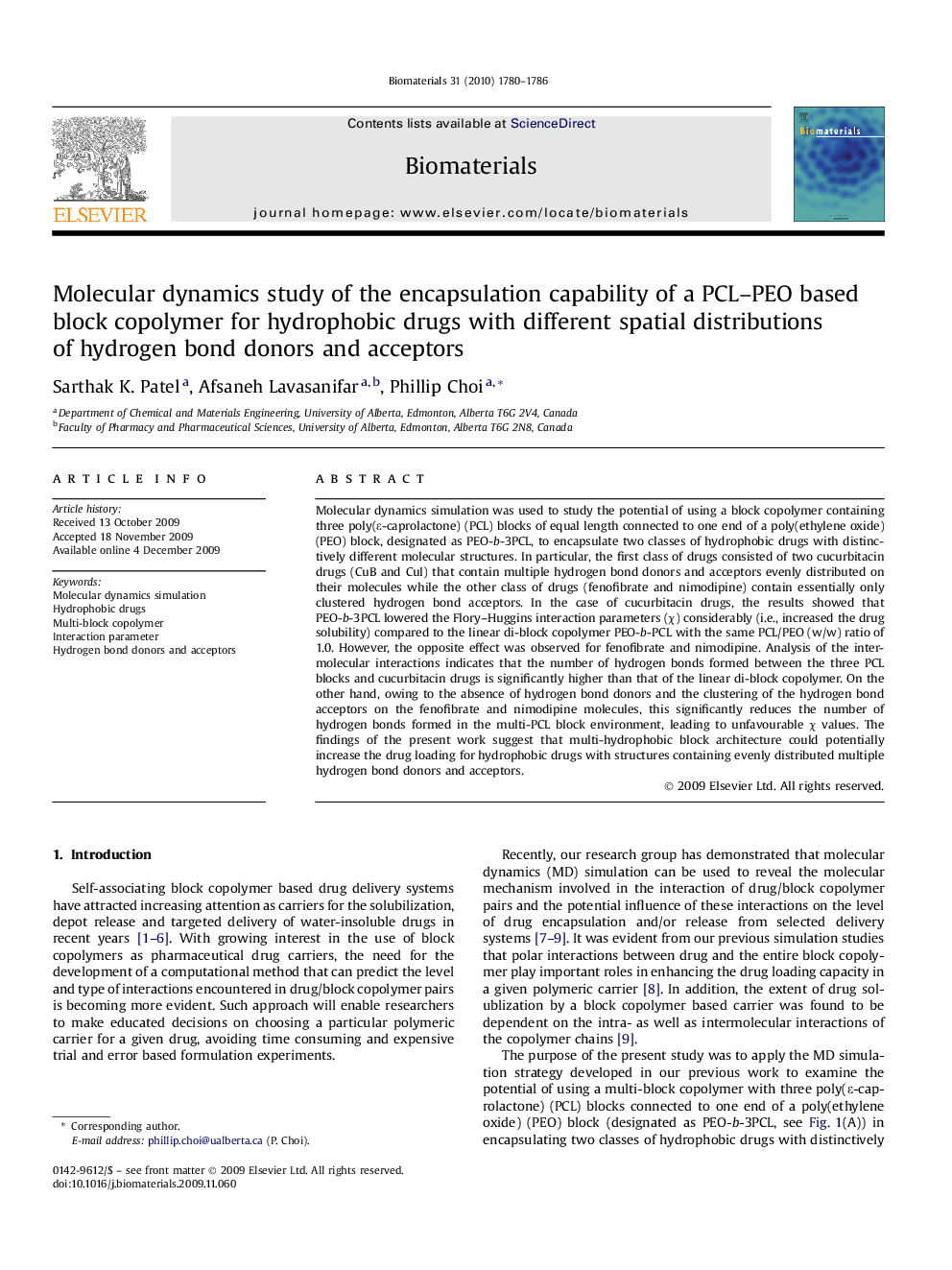 Molecular dynamics study of the encapsulation capability of a PCL–PEO based block copolymer for hydrophobic drugs with different spatial distributions of hydrogen bond donors and acceptors