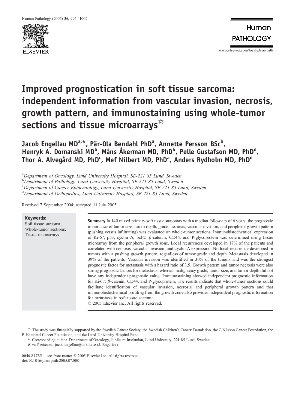 Improved prognostication in soft tissue sarcoma: independent information from vascular invasion, necrosis, growth pattern, and immunostaining using whole-tumor sections and tissue microarrays