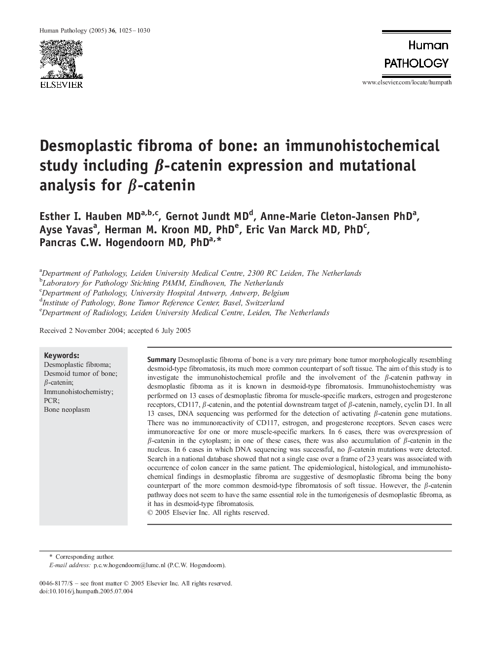 Desmoplastic fibroma of bone: an immunohistochemical study including Î²-catenin expression and mutational analysis for Î²-catenin