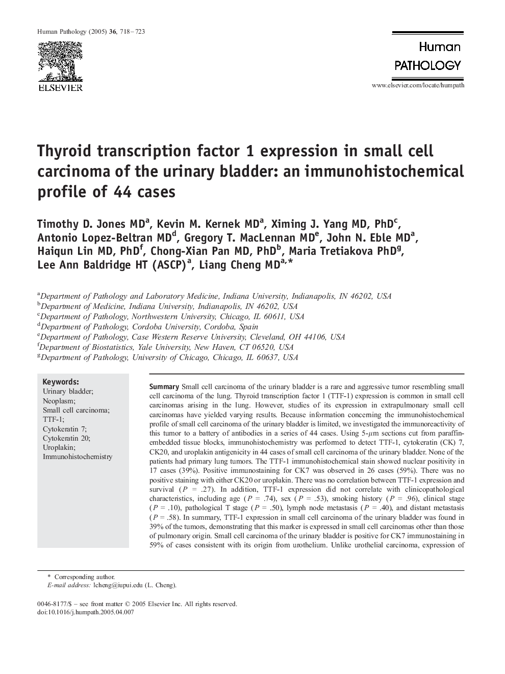 Thyroid transcription factor 1 expression in small cell carcinoma of the urinary bladder: an immunohistochemical profile of 44 cases