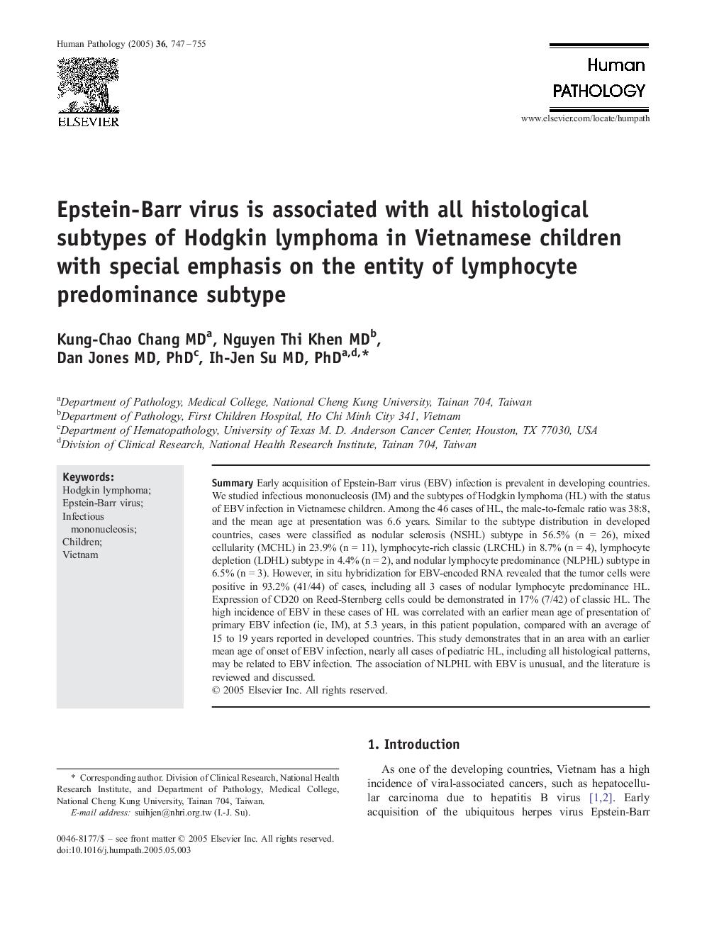 Epstein-Barr virus is associated with all histological subtypes of Hodgkin lymphoma in Vietnamese children with special emphasis on the entity of lymphocyte predominance subtype