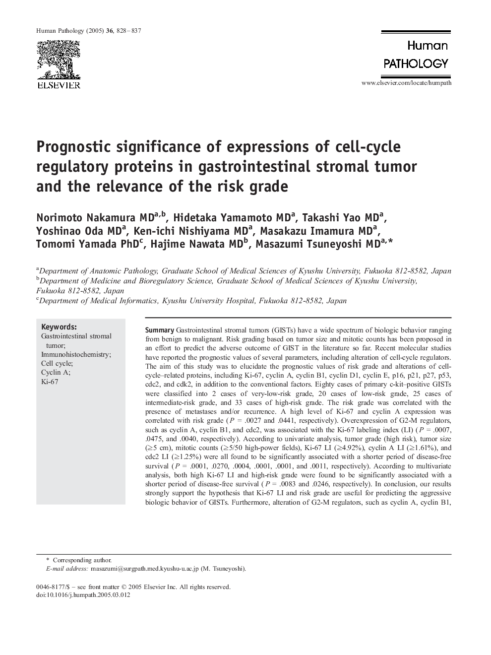Prognostic significance of expressions of cell-cycle regulatory proteins in gastrointestinal stromal tumor and the relevance of the risk grade