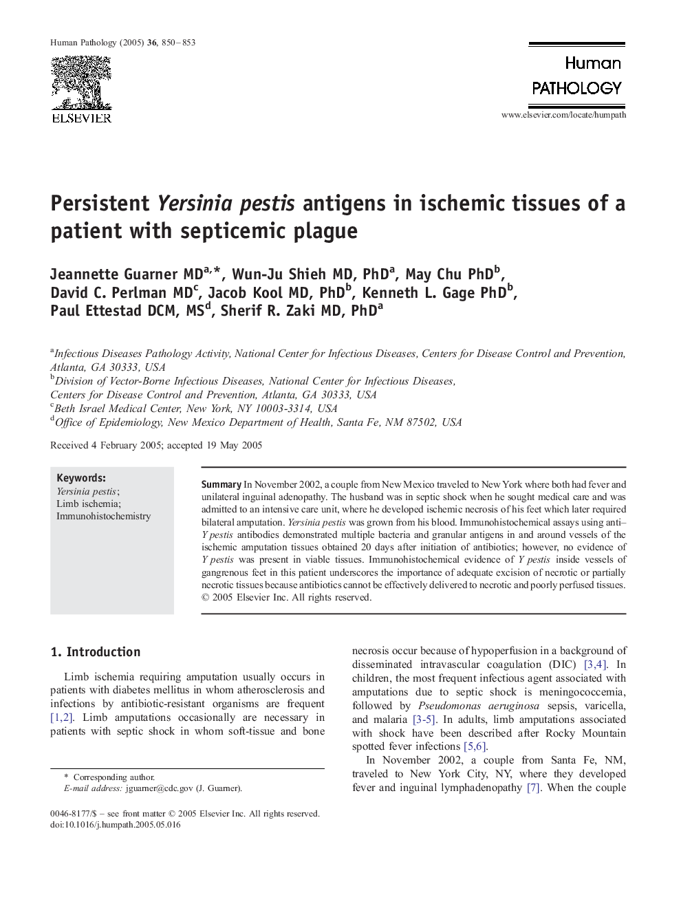 Persistent Yersinia pestis antigens in ischemic tissues of a patient with septicemic plague