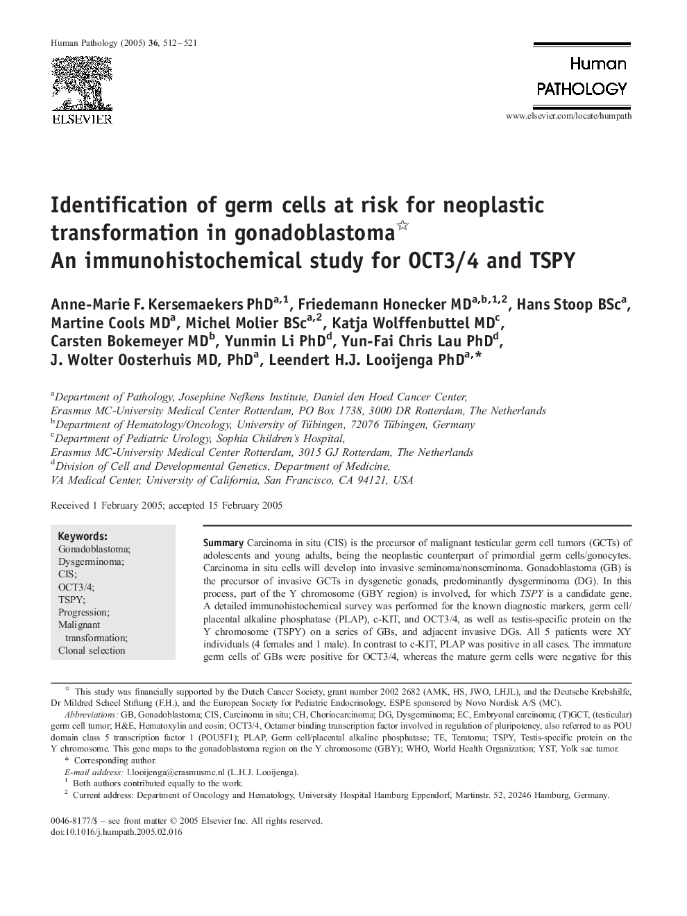 Identification of germ cells at risk for neoplastic transformation in gonadoblastoma